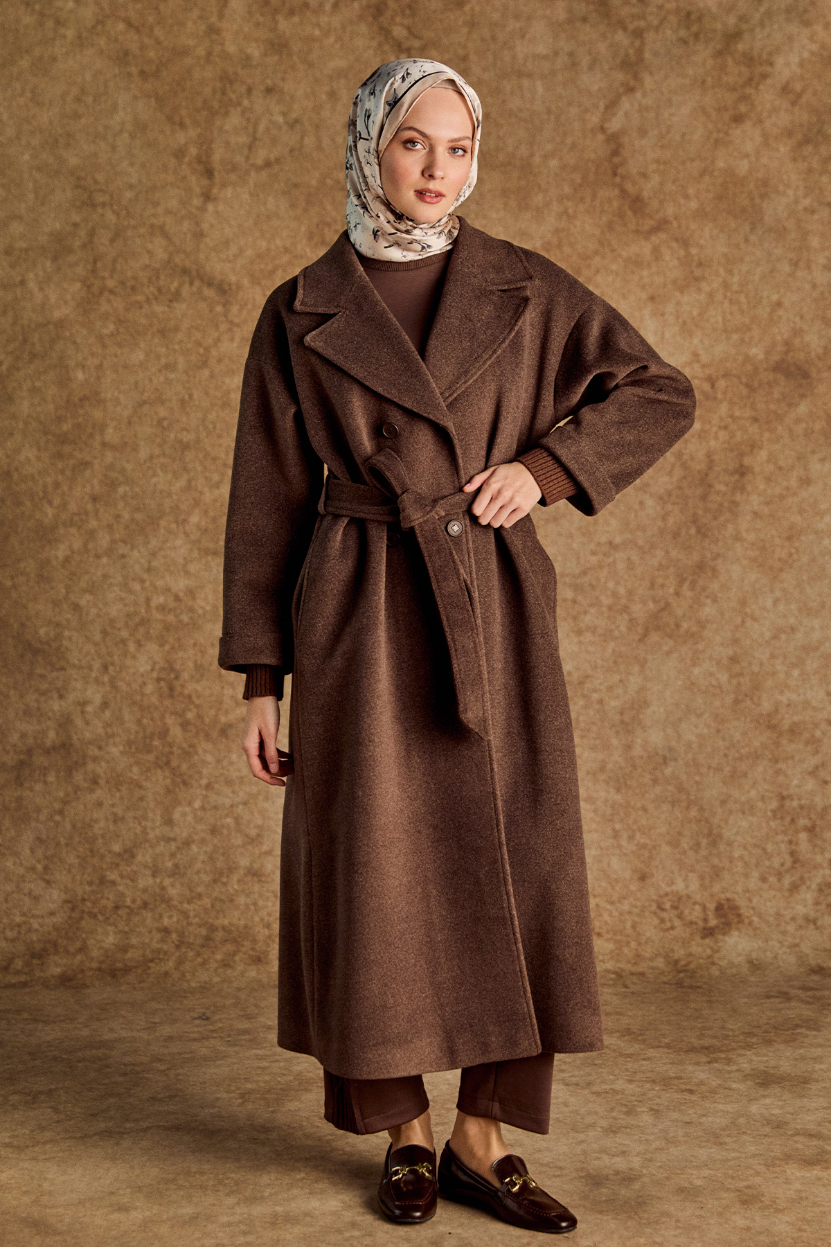 Kuşaklı Kruvaze Kaşe Kaban, Tesettür Giyim