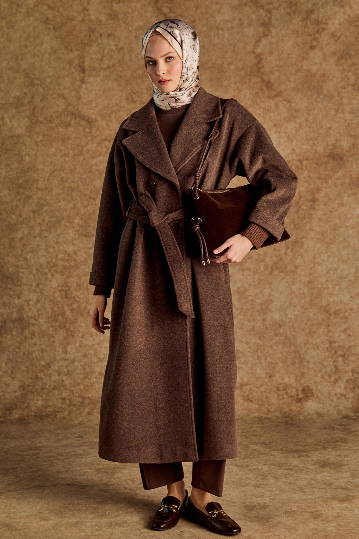 Kuşaklı Kruvaze Kaşe Kaban, Tesettür Giyim