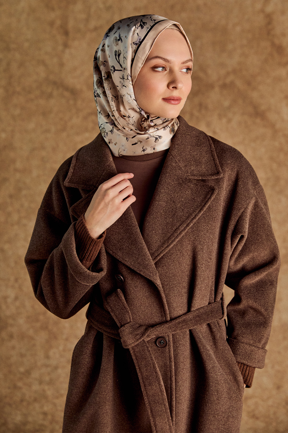 Kuşaklı Kruvaze Kaşe Kaban, Tesettür Giyim