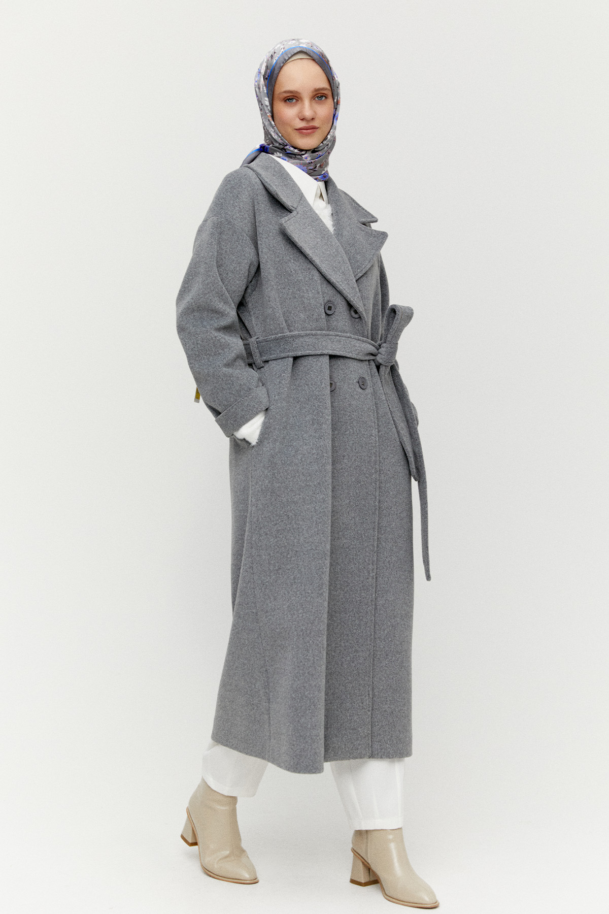 Kuşaklı Kruvaze Kaşe Kaban, Tesettür Giyim