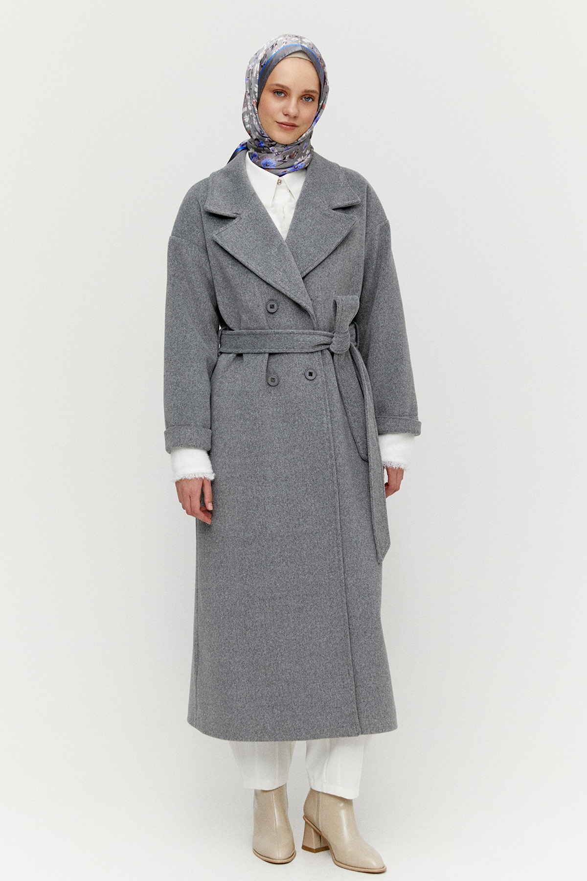 Kuşaklı Kruvaze Kaşe Kaban, Tesettür Giyim