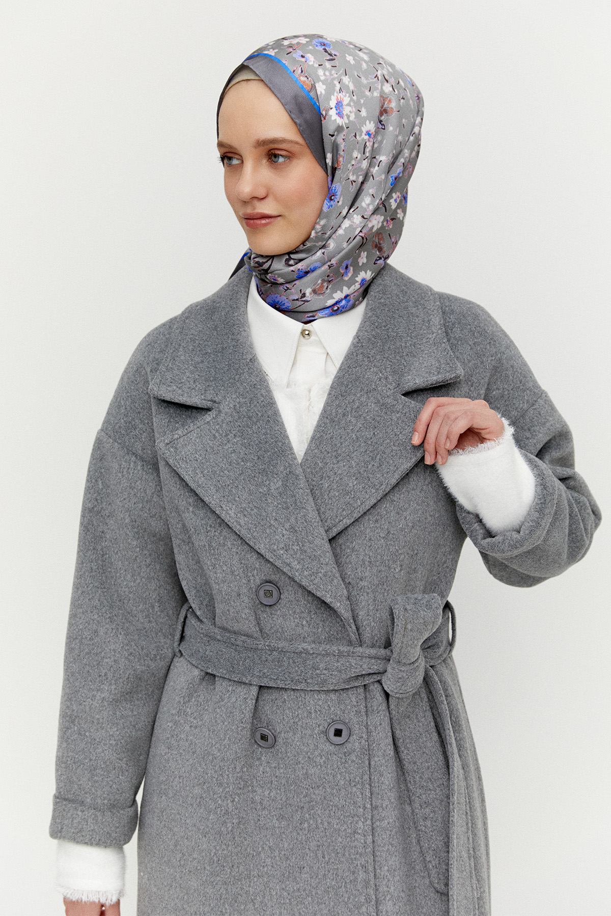 Kuşaklı Kruvaze Kaşe Kaban, Tesettür Giyim