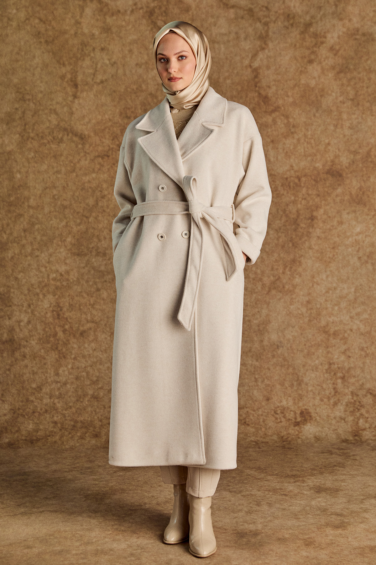 Kuşaklı Kruvaze Kaşe Kaban, Tesettür Giyim