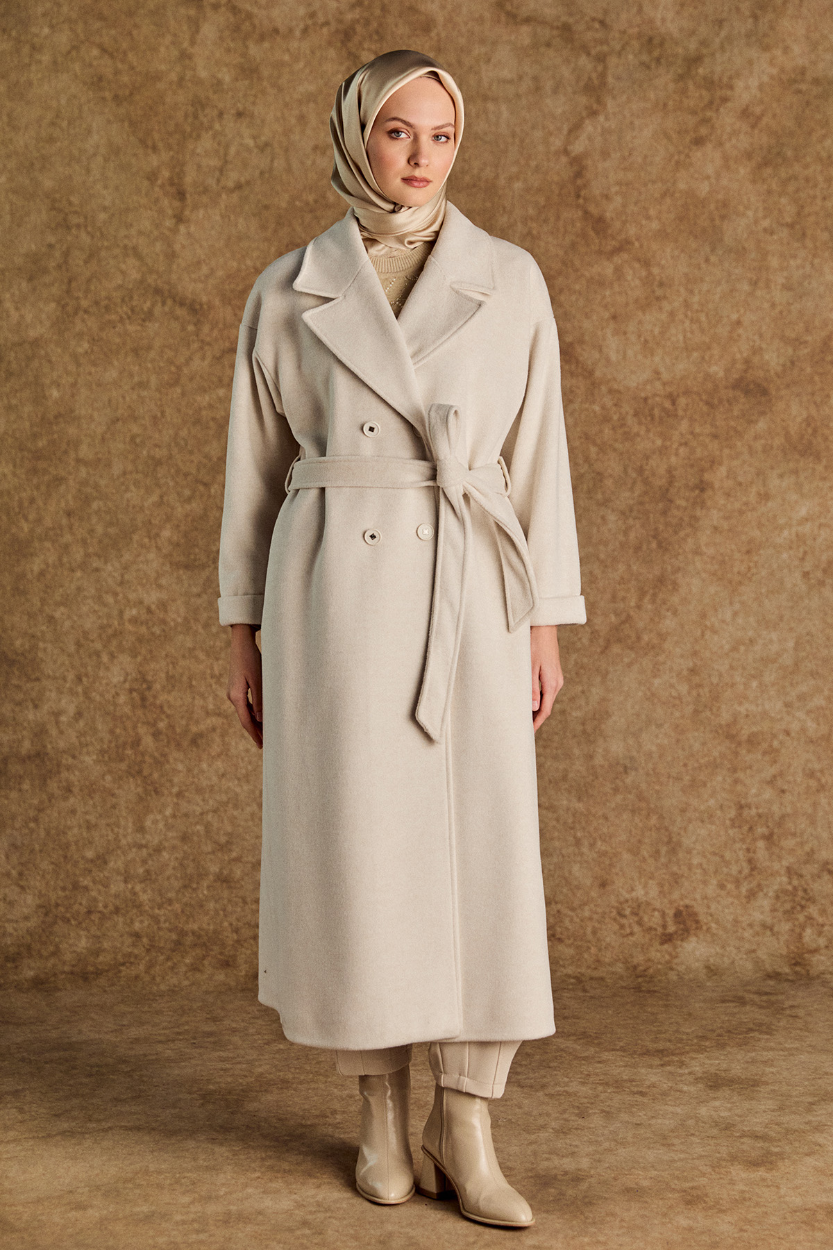 Kuşaklı Kruvaze Kaşe Kaban, Tesettür Giyim