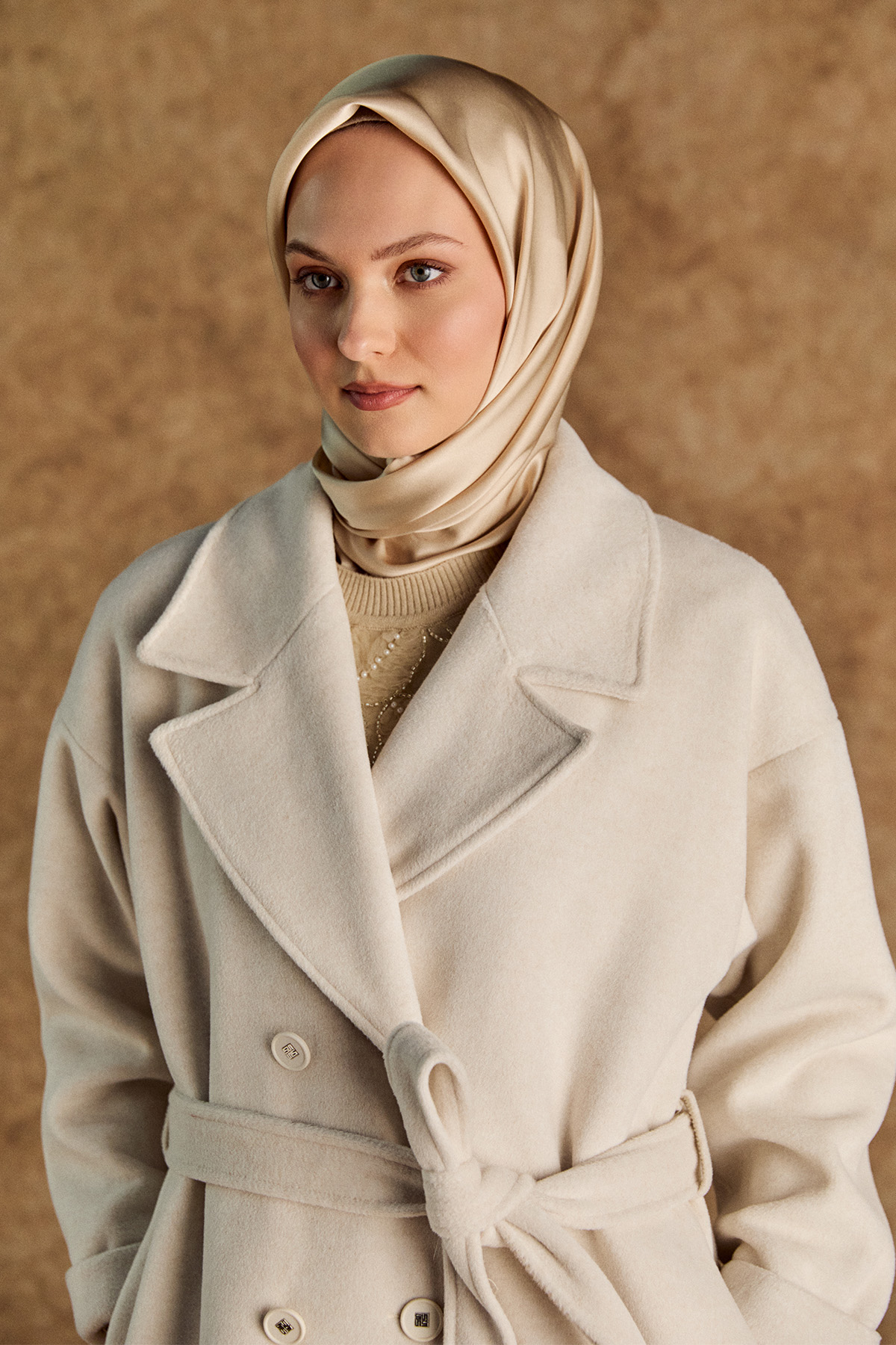 Kuşaklı Kruvaze Kaşe Kaban, Tesettür Giyim