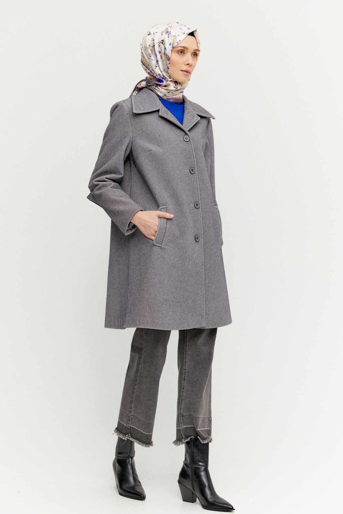 Melanjlı Şık Kaşe Kaban Büyük Beden, Tesettür Giyim