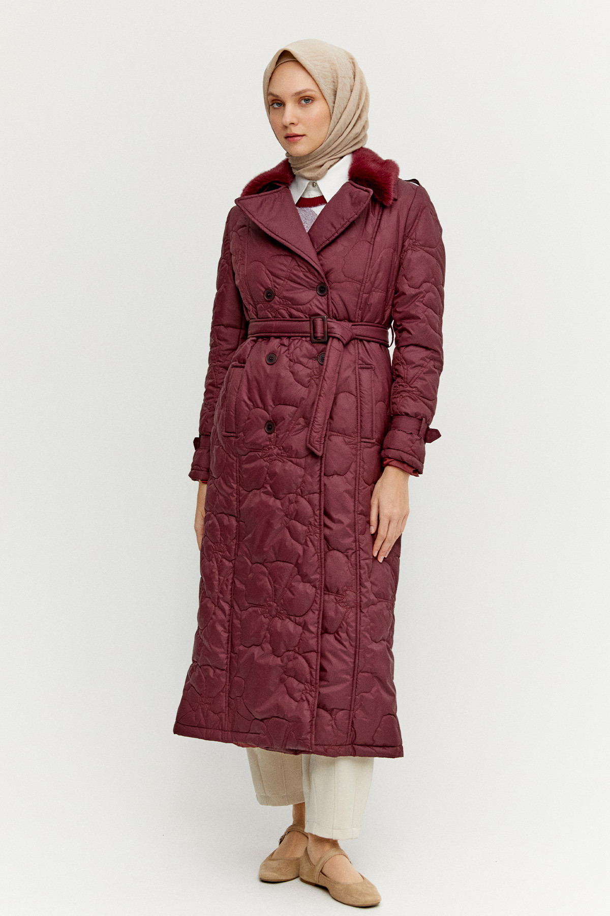 Çiçekli Kapitone Kruvaze Mont, Tesettür Giyim