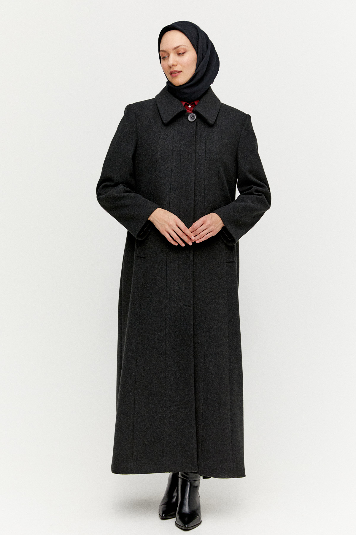 Büyük Beden Düğmeli Kaşe Manto, Tesettür Giyim