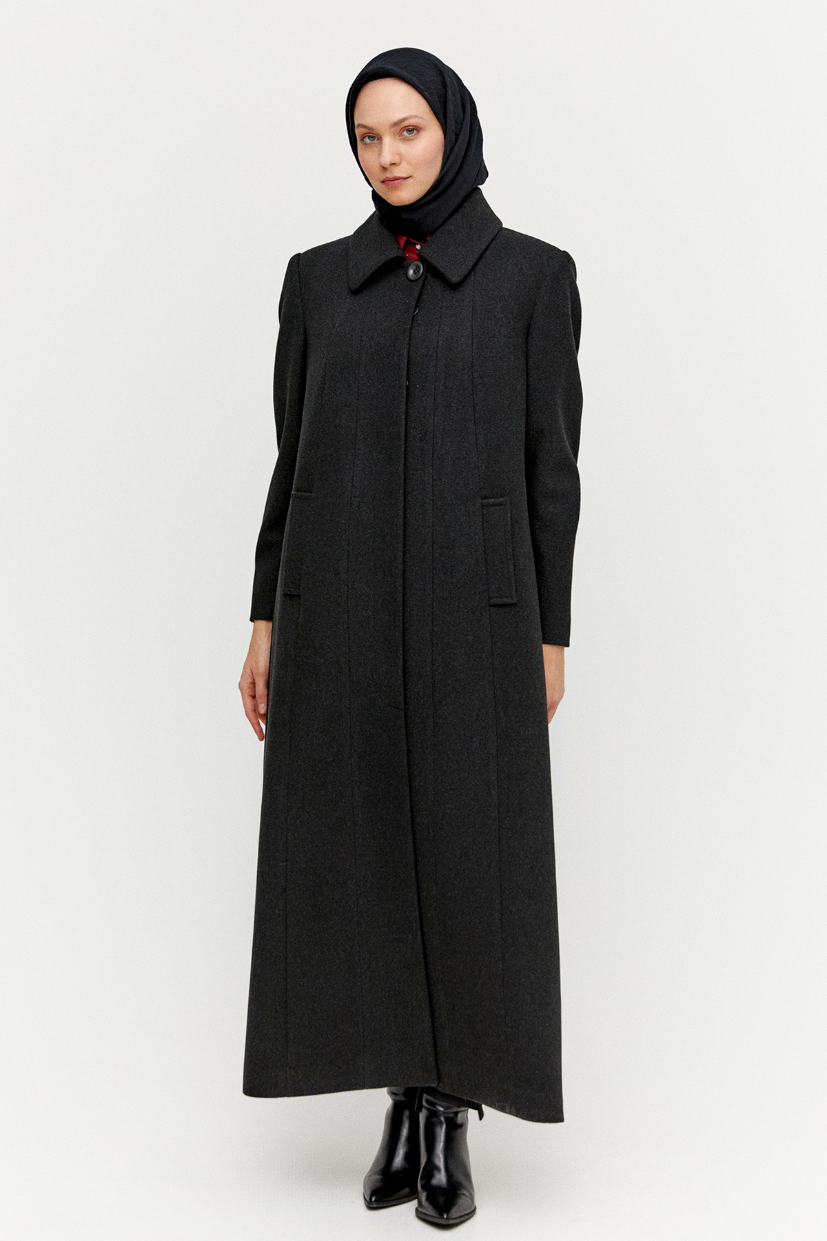 Büyük Beden Düğmeli Kaşe Manto, Tesettür Giyim