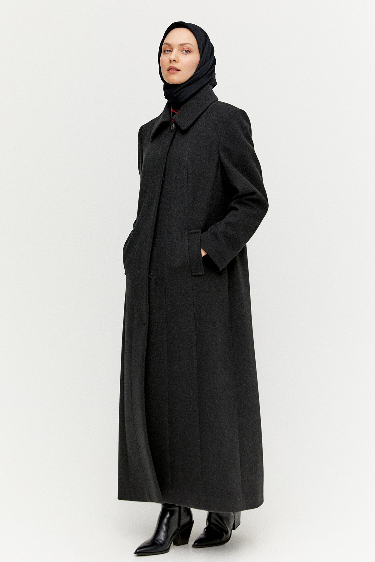 Büyük Beden Düğmeli Kaşe Manto, Tesettür Giyim