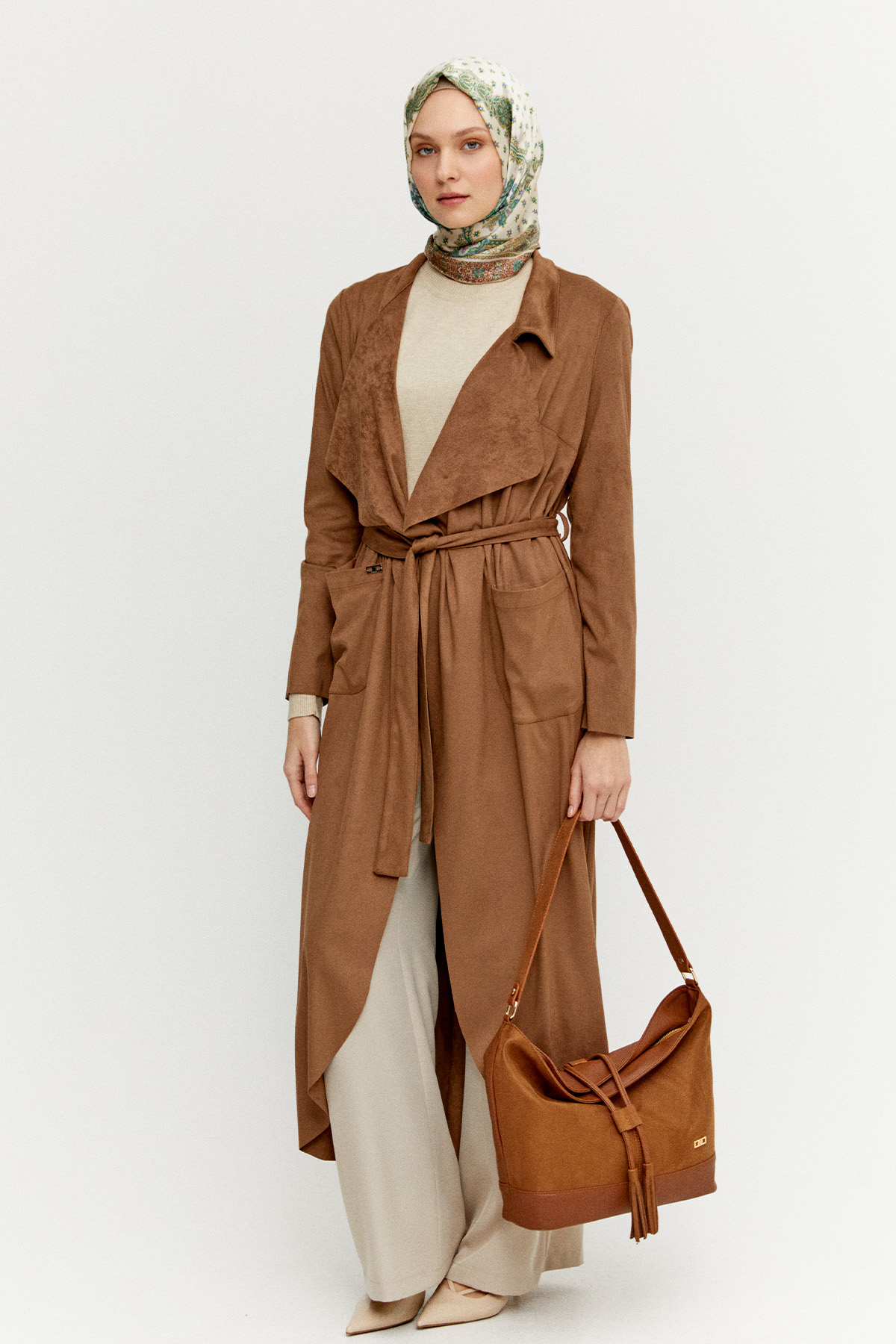 Süet Dokulu Pardesü, Tesettür Giyim