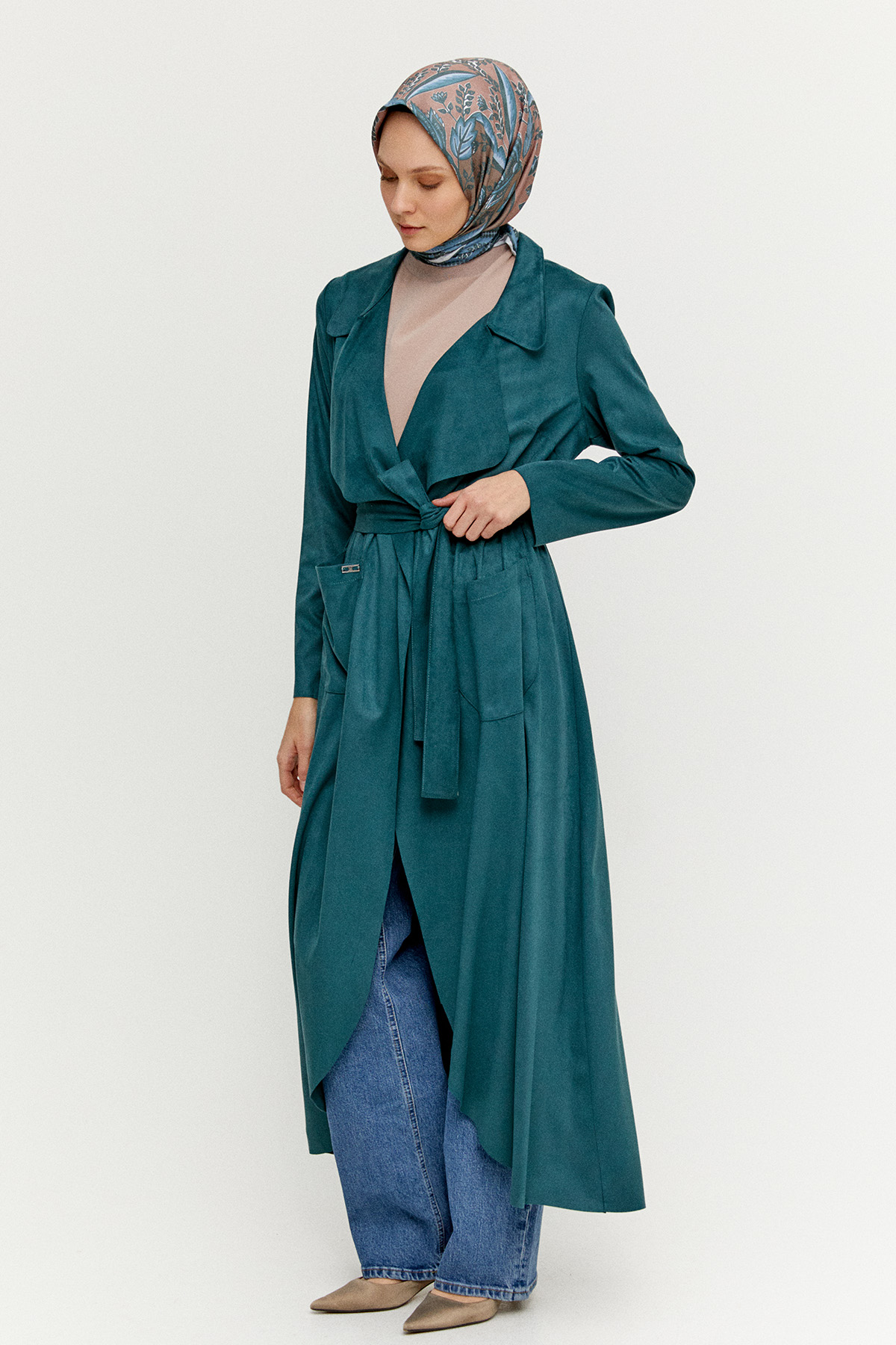 Süet Dokulu Pardesü, Tesettür Giyim