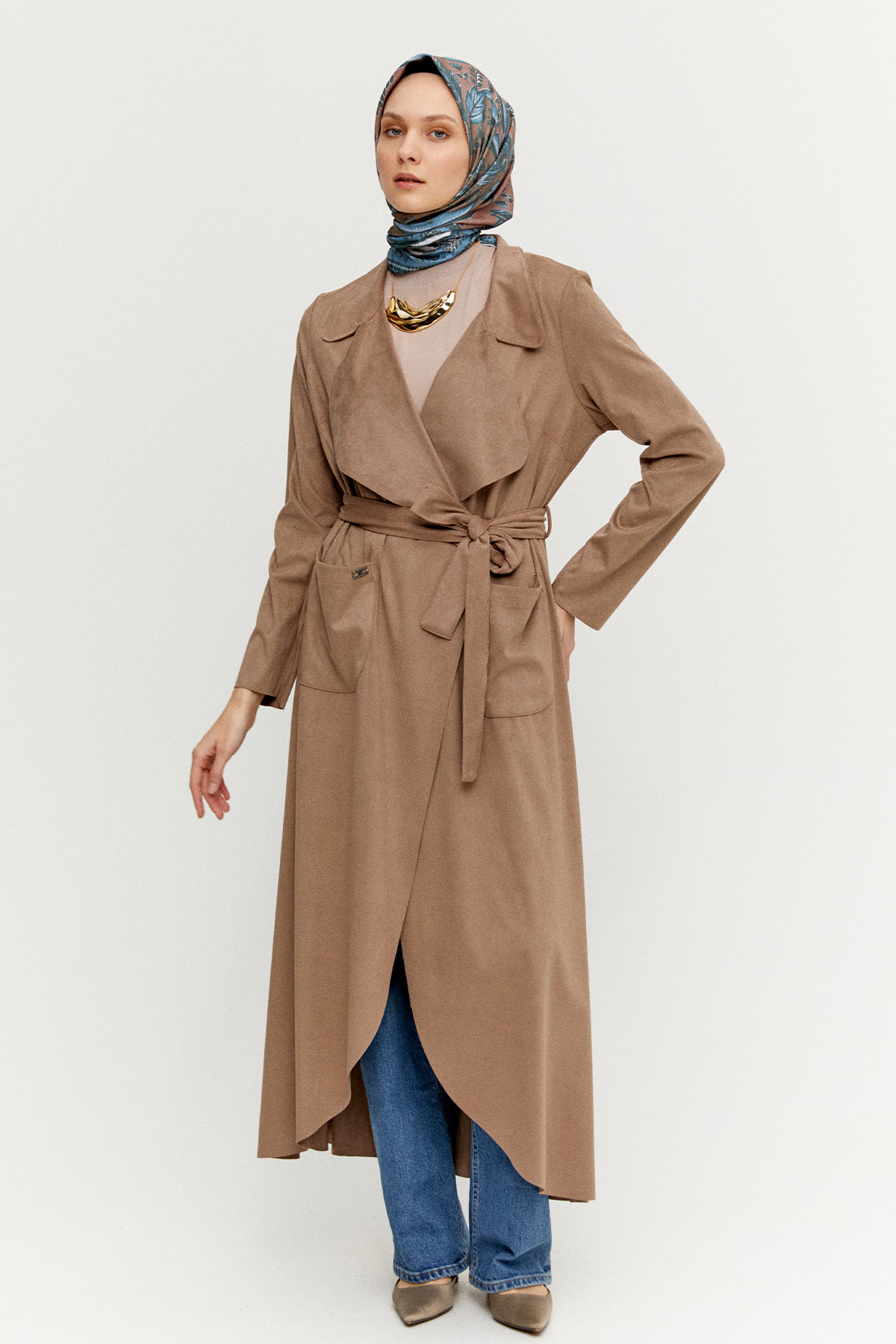 Süet Dokulu Pardesü, Tesettür Giyim