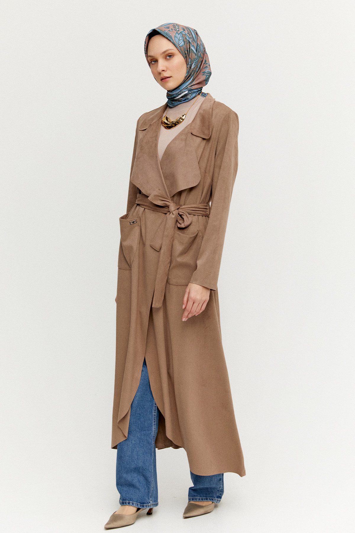 Süet Dokulu Pardesü, Tesettür Giyim