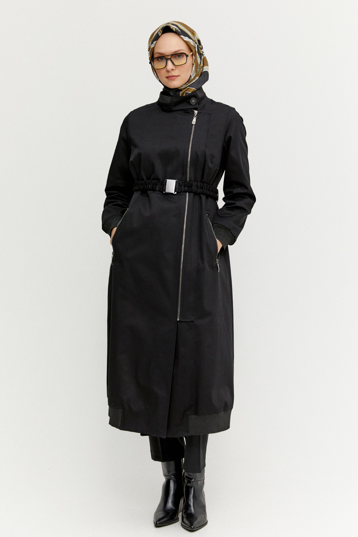 Ribanalı Kruvaze Fermuarlı Pardesü, Tesettür Giyim