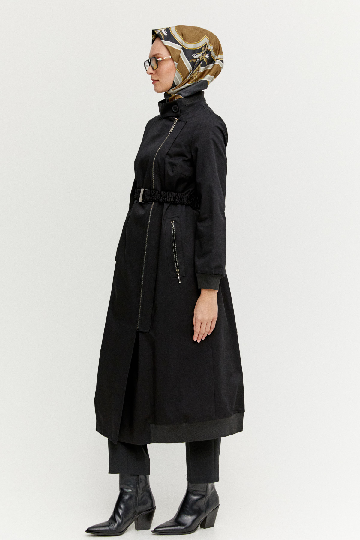 Ribanalı Kruvaze Fermuarlı Pardesü, Tesettür Giyim