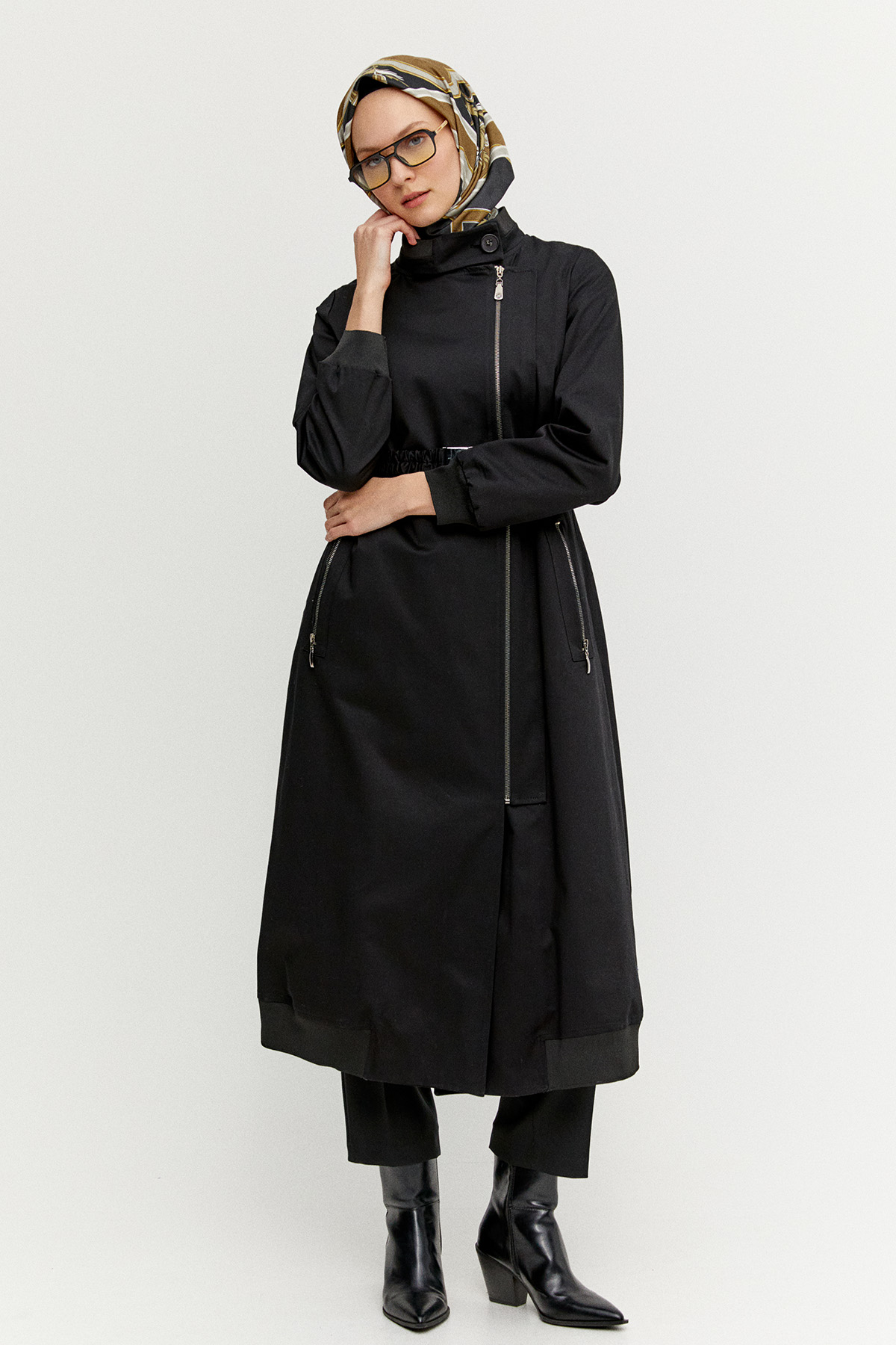 Ribanalı Kruvaze Fermuarlı Pardesü, Tesettür Giyim