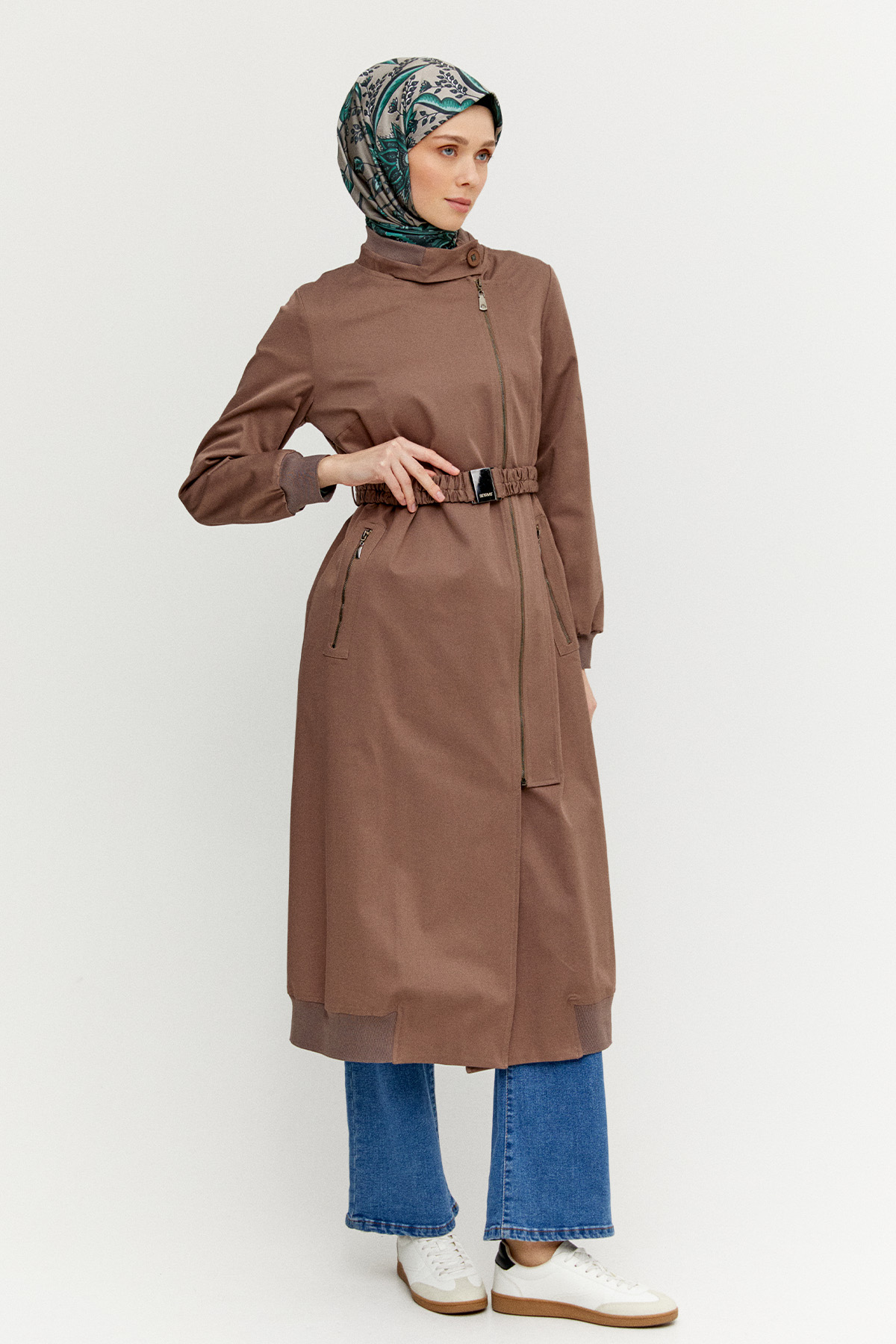 Ribanalı Kruvaze Fermuarlı Pardesü, Tesettür Giyim