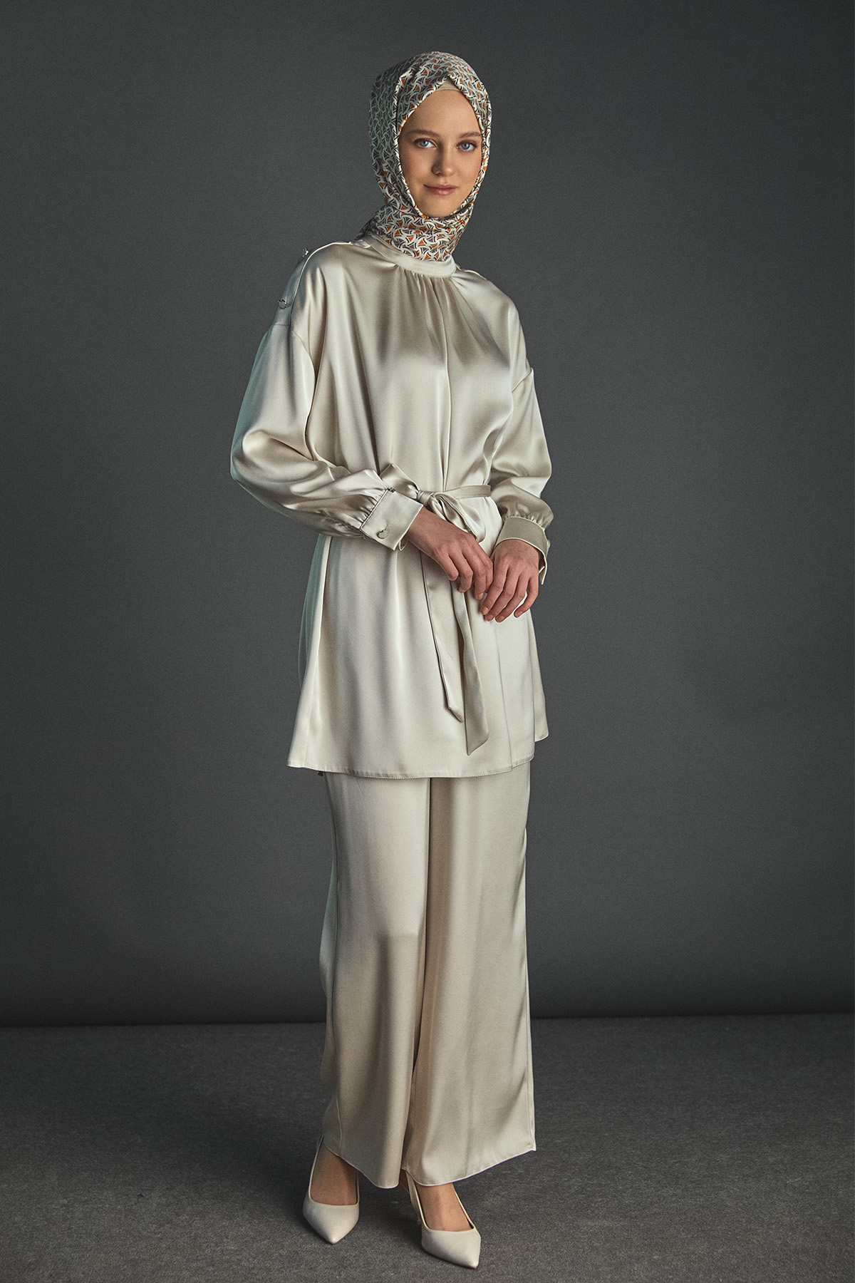 Süs Düğmeli Saten İkili Takım, Tesettür Giyim