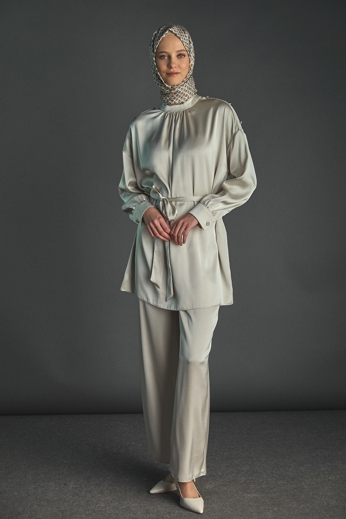 Süs Düğmeli Saten İkili Takım, Tesettür Giyim