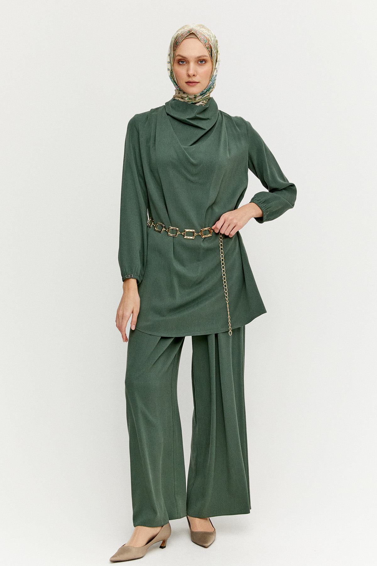 Degaje Yaka Tunik Pantolon Etek İkili Takım, Tesettür Giyim