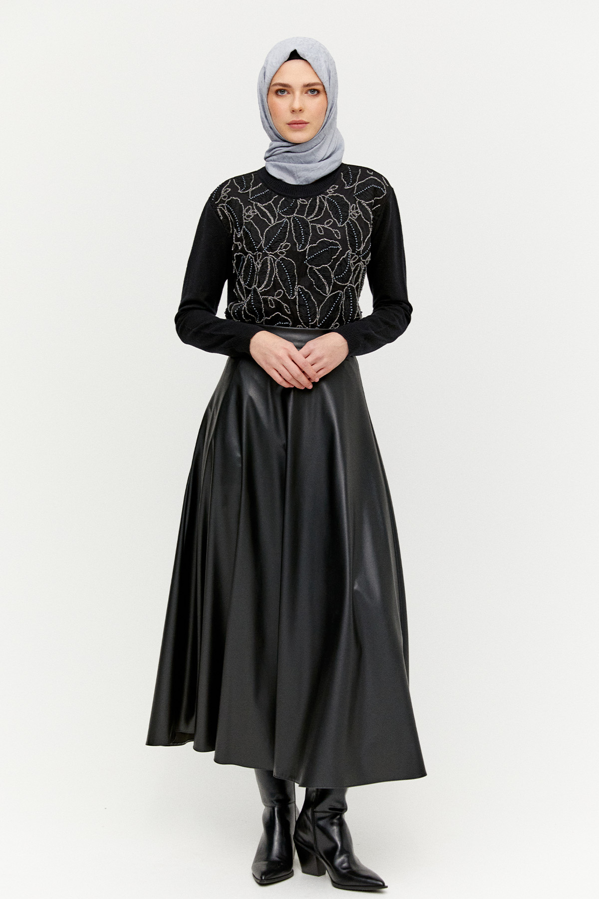 Taşlı Yaprak Desenli Triko Tunik, Tesettür Giyim