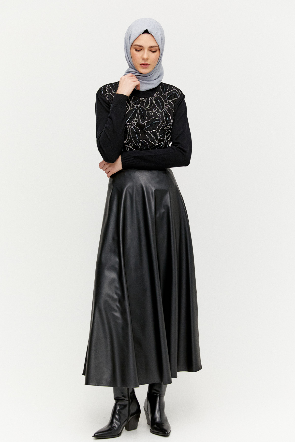 Taşlı Yaprak Desenli Triko Tunik, Tesettür Giyim