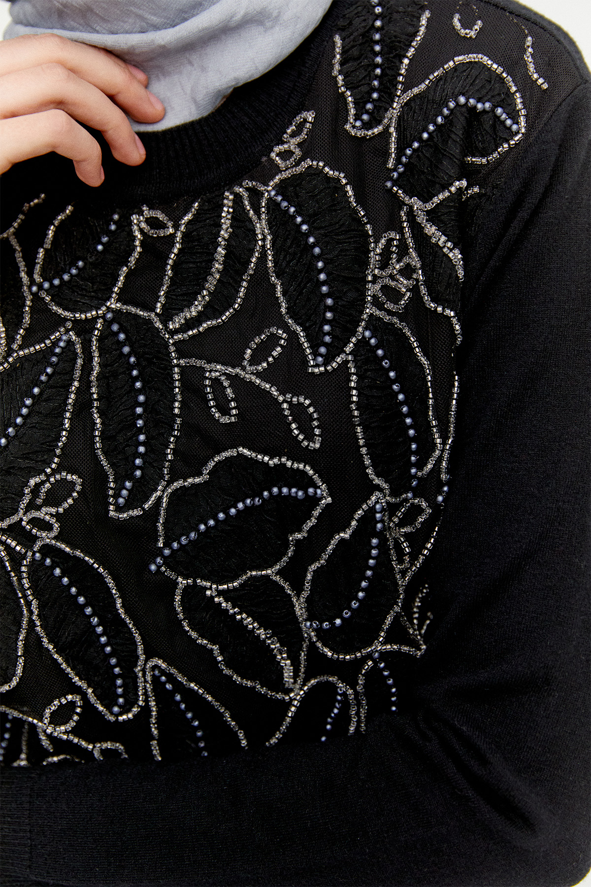 Taşlı Yaprak Desenli Triko Tunik, Tesettür Giyim