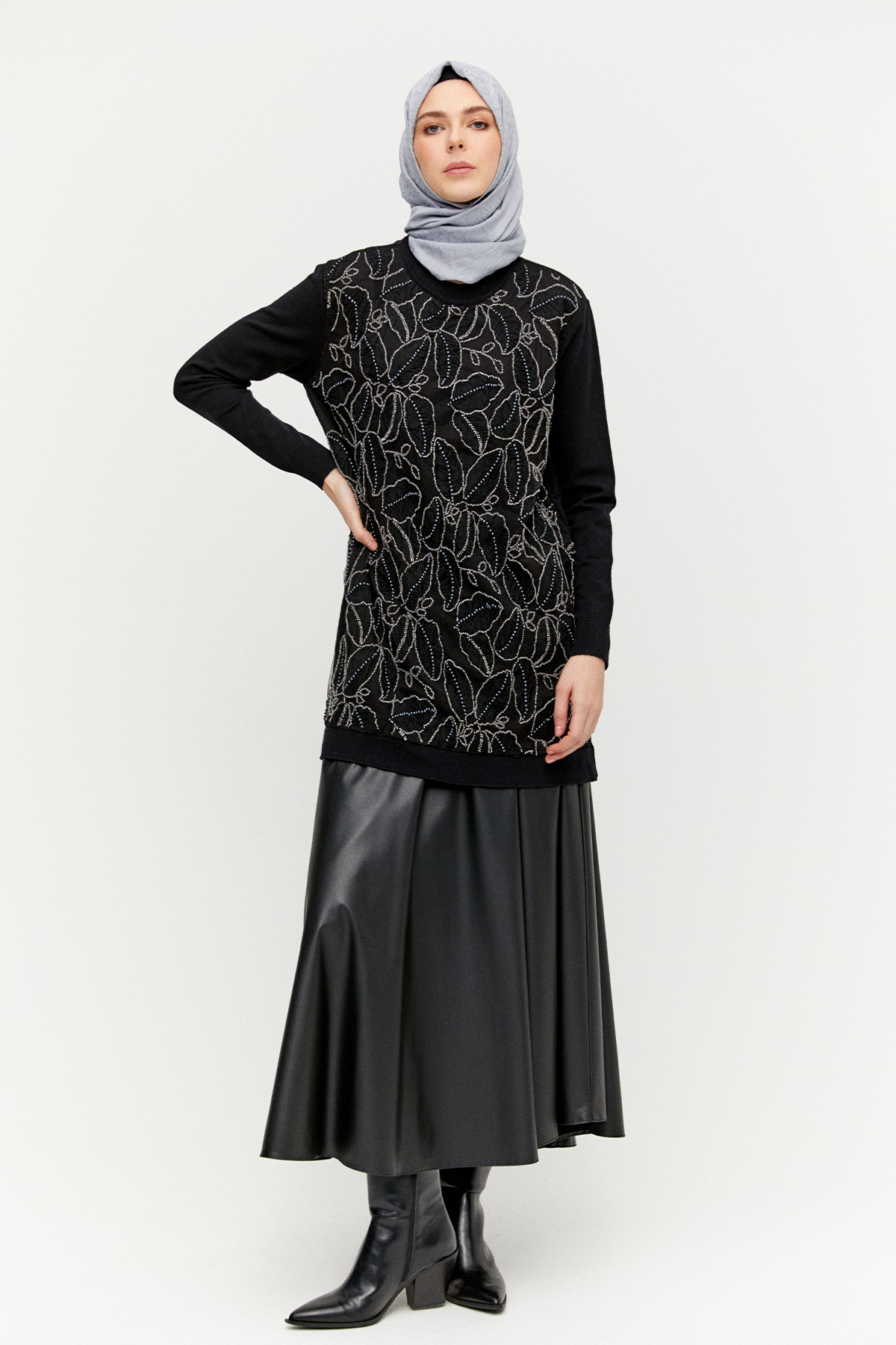 Taşlı Yaprak Desenli Triko Tunik, Tesettür Giyim