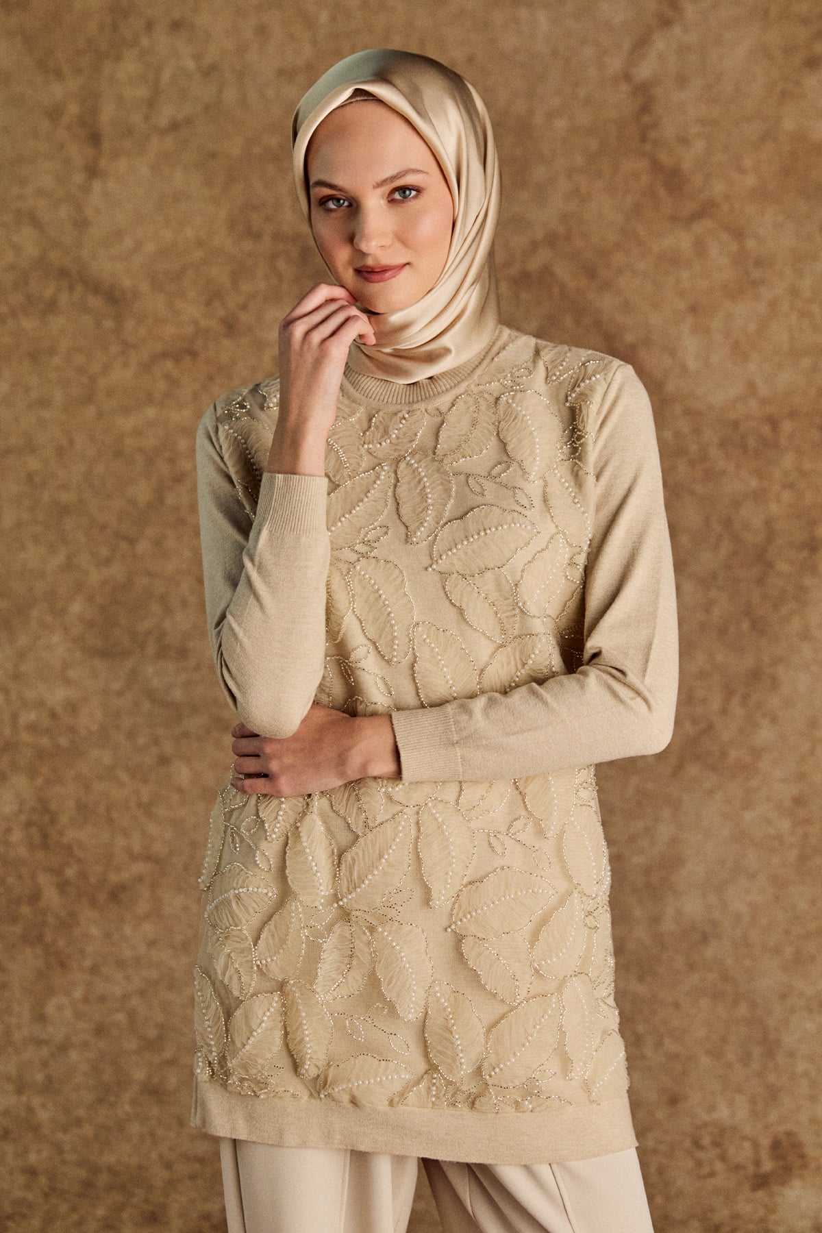 Taşlı Yaprak Desenli Triko Tunik, Tesettür Giyim