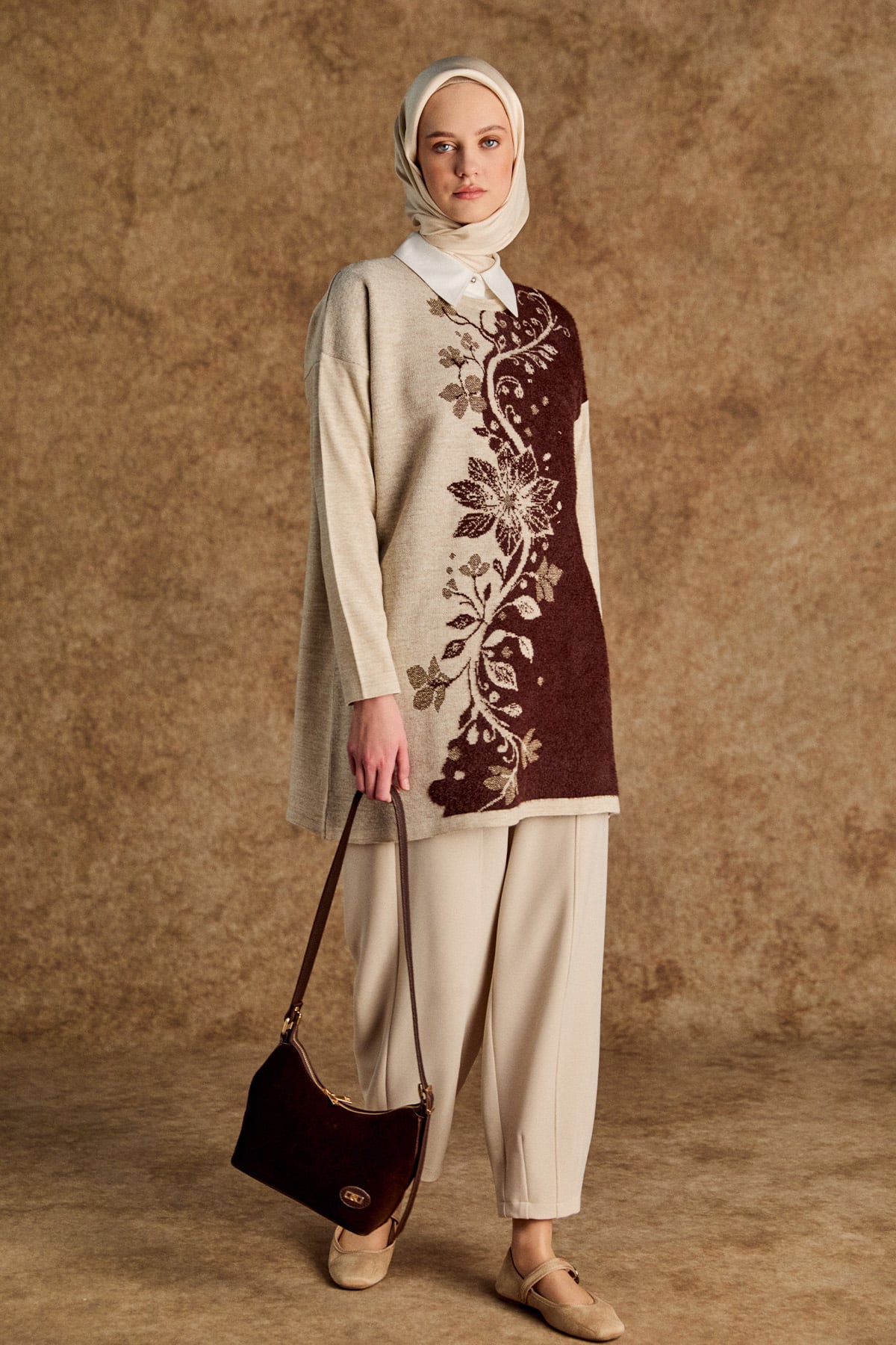 Simli Çiçek Motifli Triko Tunik, Tesettür Giyim