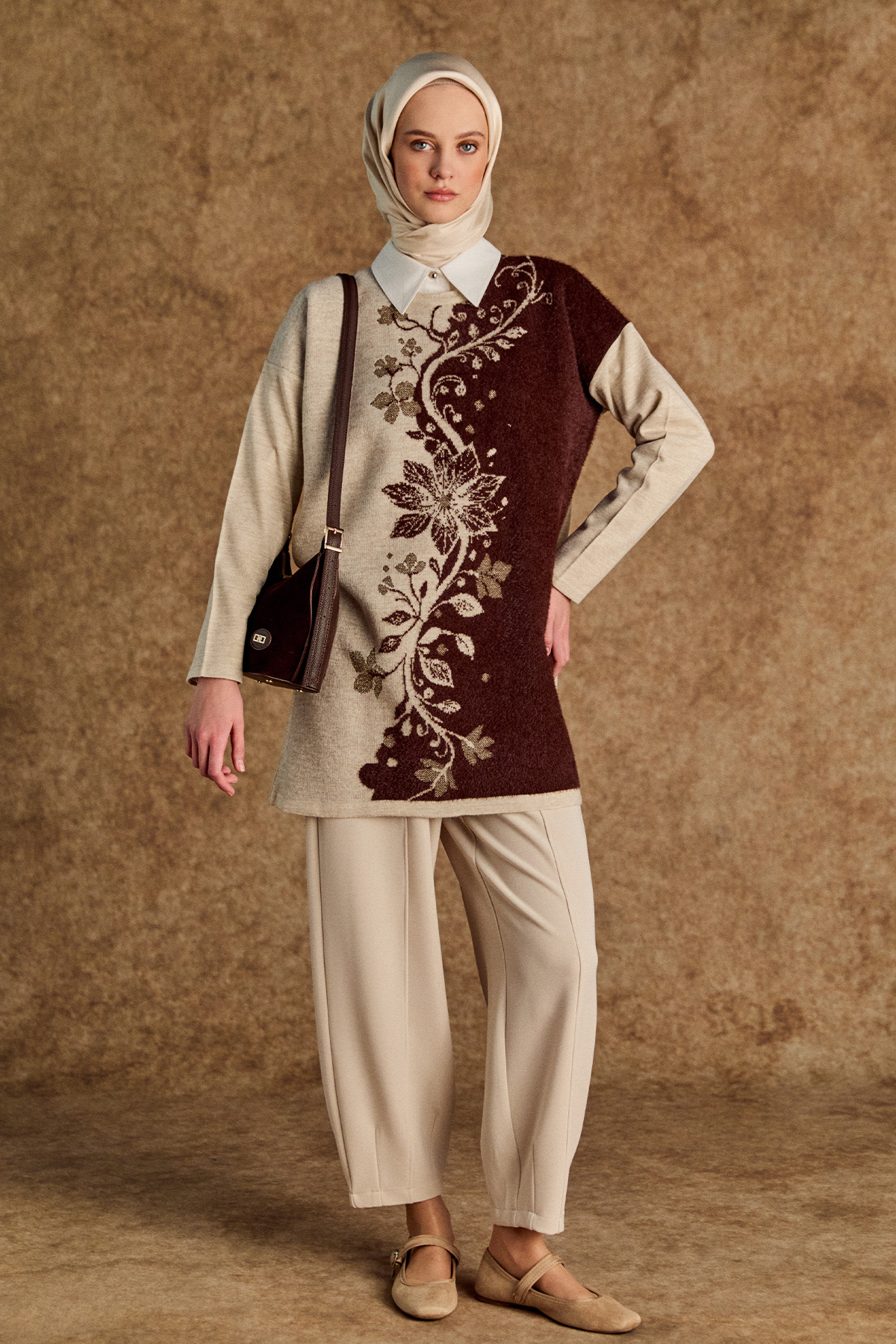 Simli Çiçek Motifli Triko Tunik, Tesettür Giyim