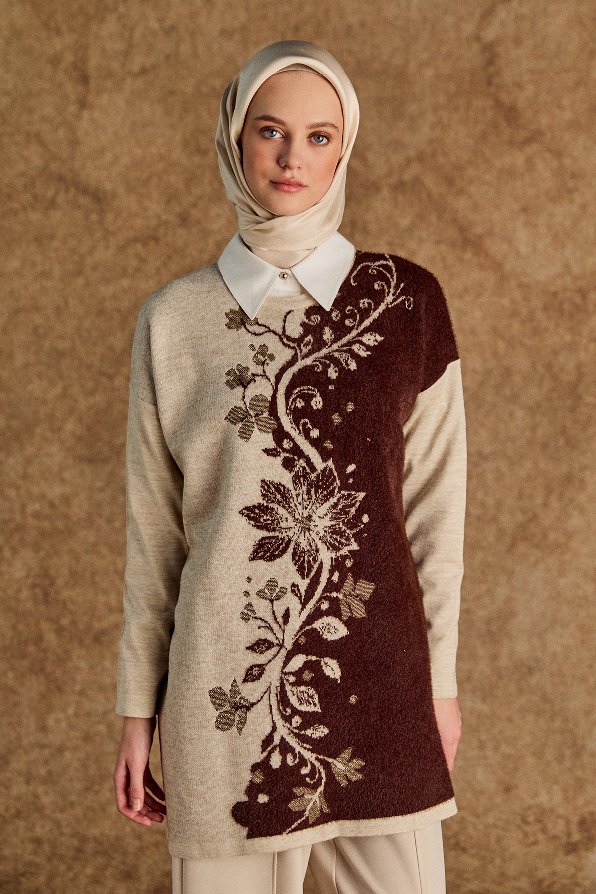 Simli Çiçek Motifli Triko Tunik, Tesettür Giyim