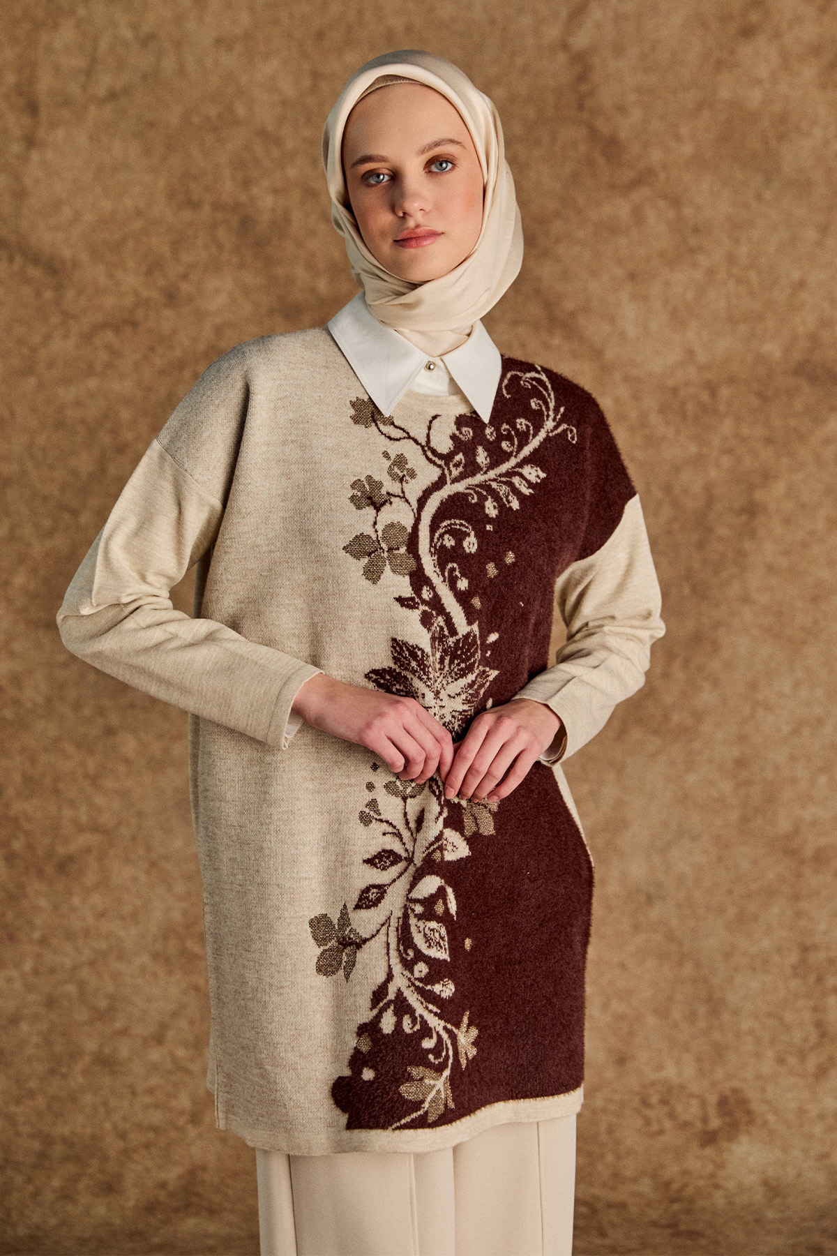 Simli Çiçek Motifli Triko Tunik, Tesettür Giyim