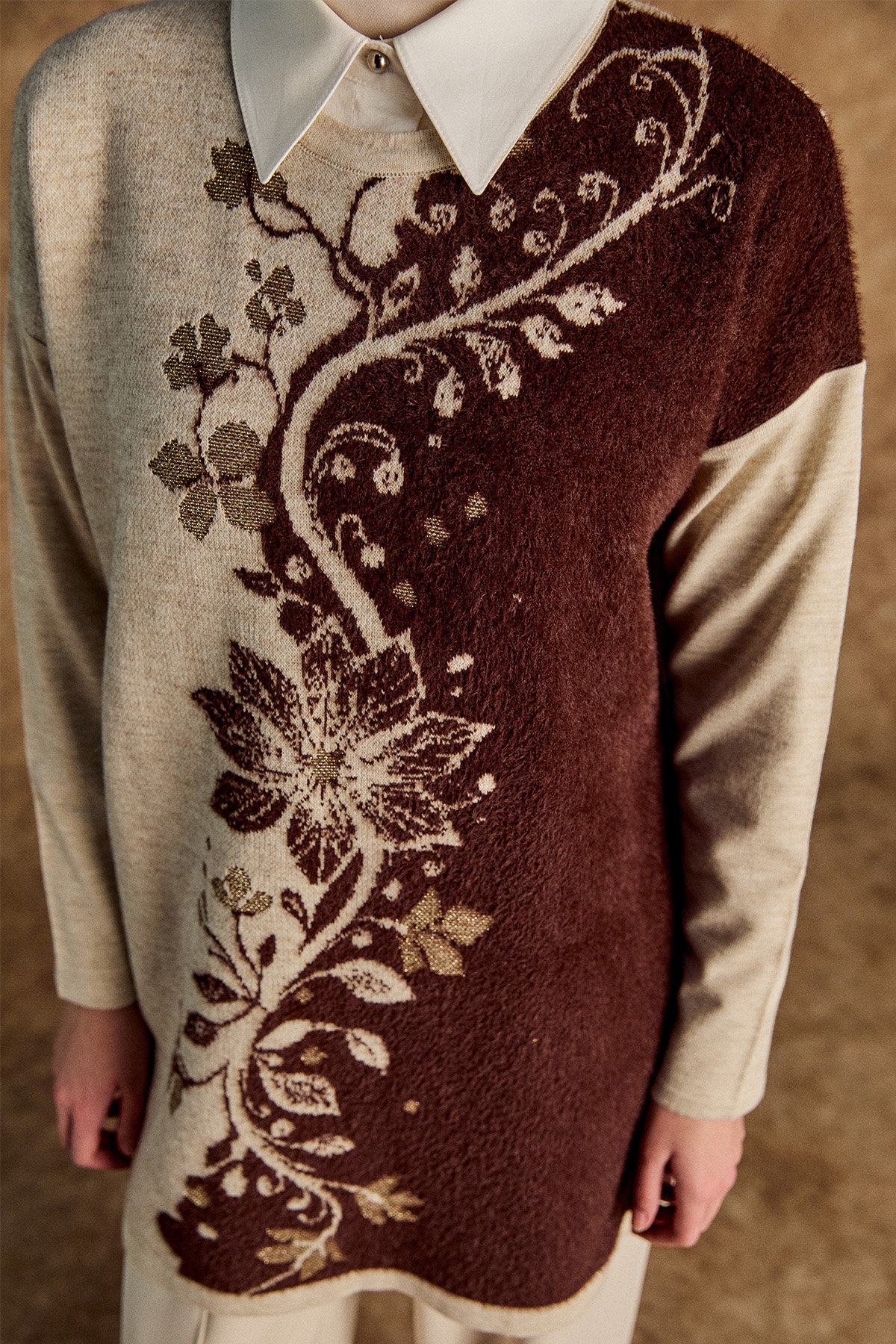 Simli Çiçek Motifli Triko Tunik, Tesettür Giyim