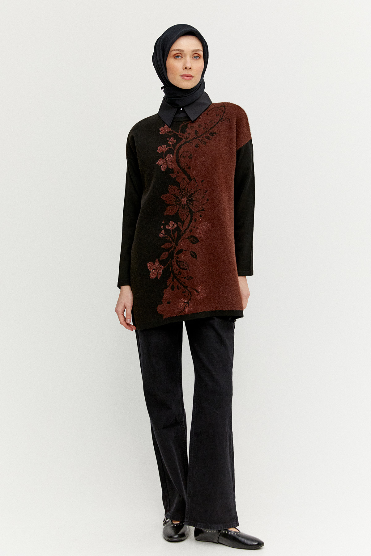 Simli Çiçek Motifli Triko Tunik, Tesettür Giyim