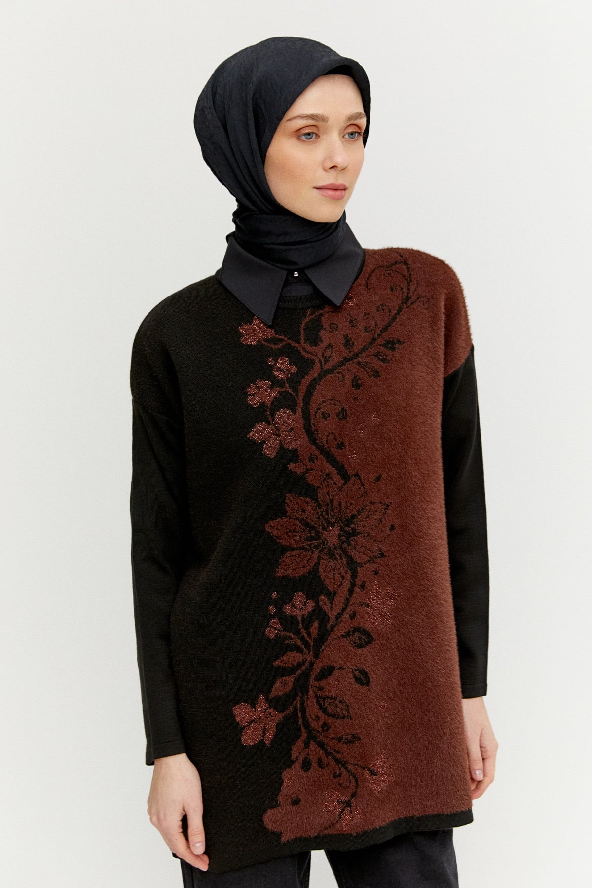 Simli Çiçek Motifli Triko Tunik, Tesettür Giyim