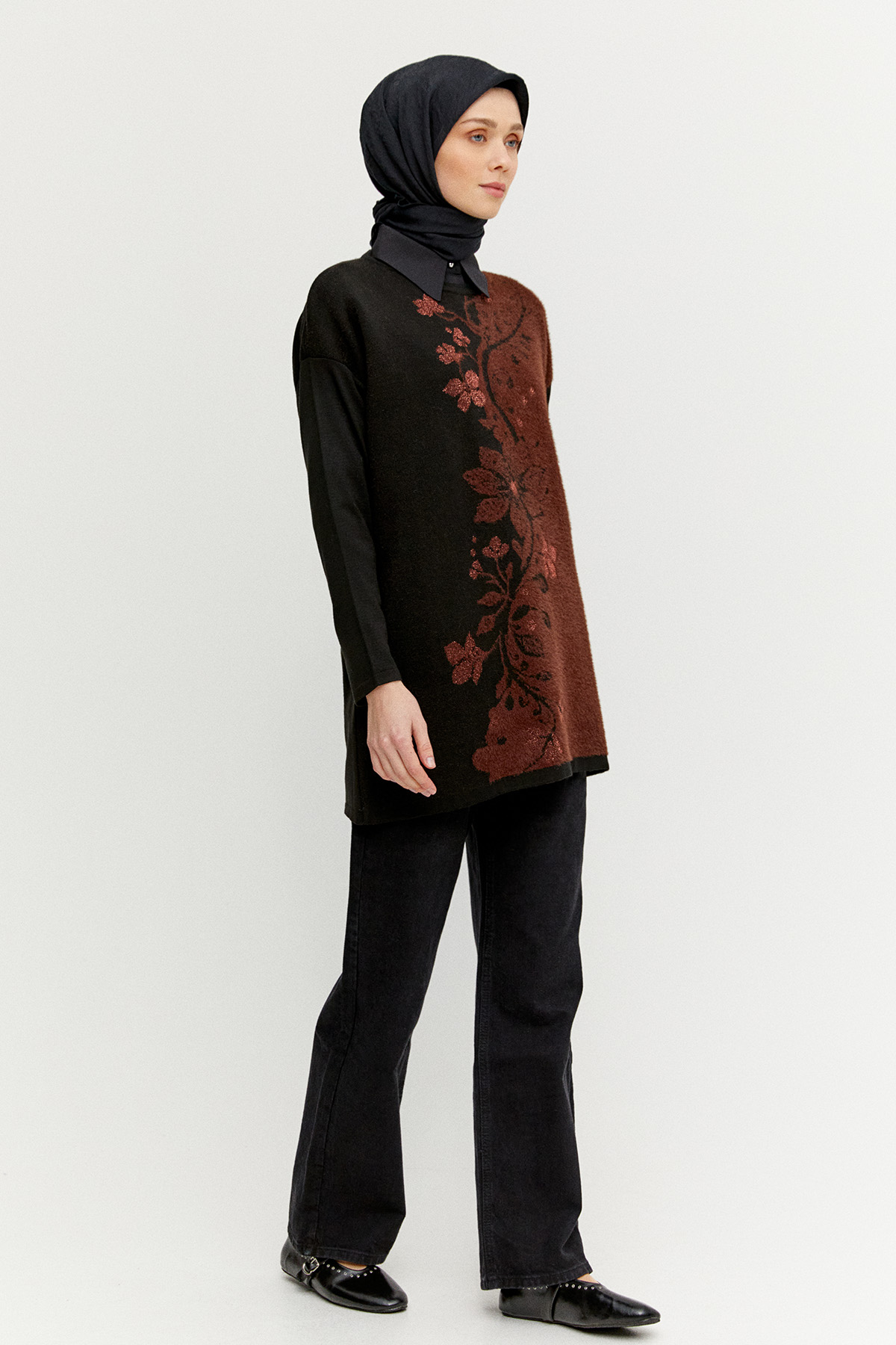 Simli Çiçek Motifli Triko Tunik, Tesettür Giyim