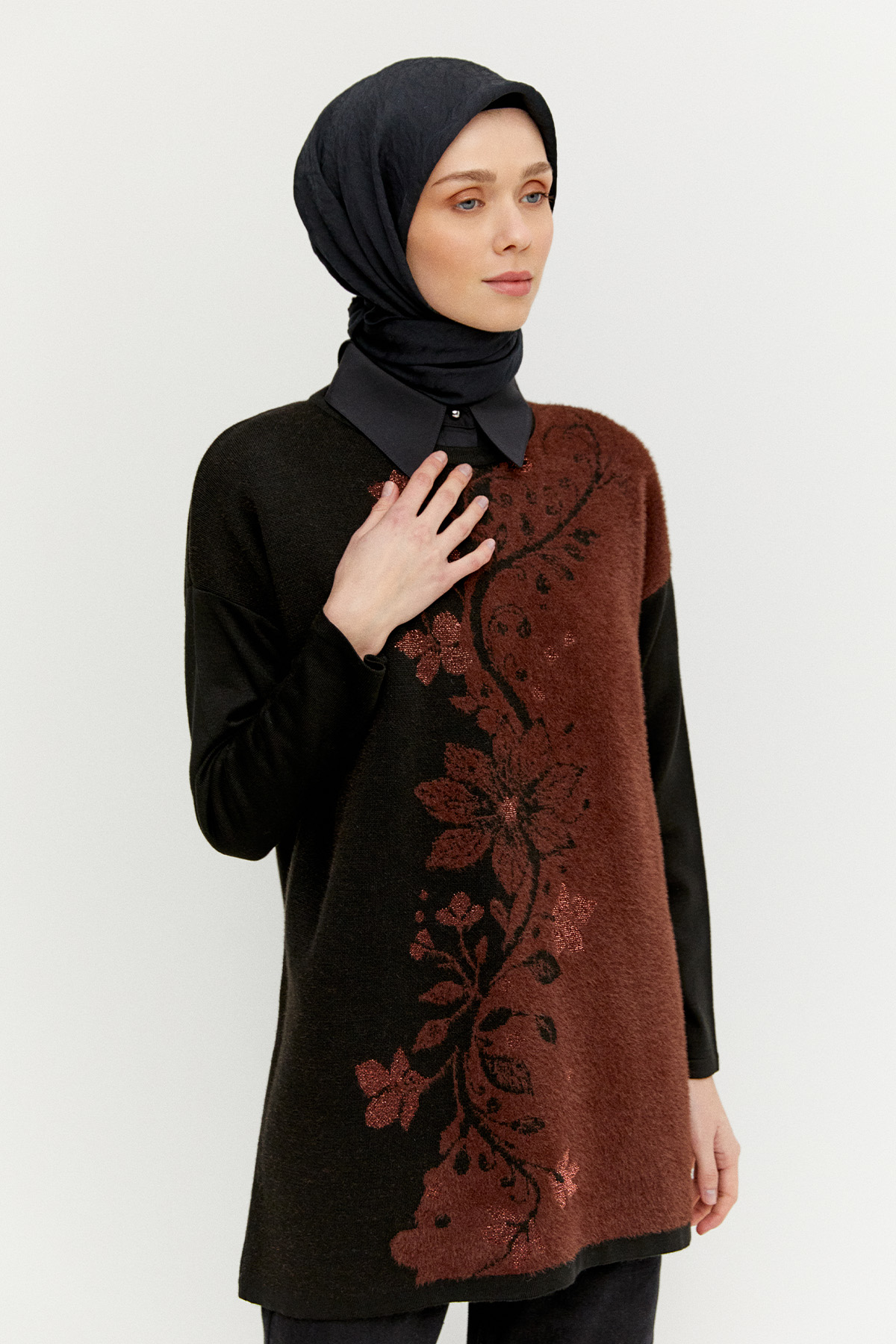 Simli Çiçek Motifli Triko Tunik, Tesettür Giyim