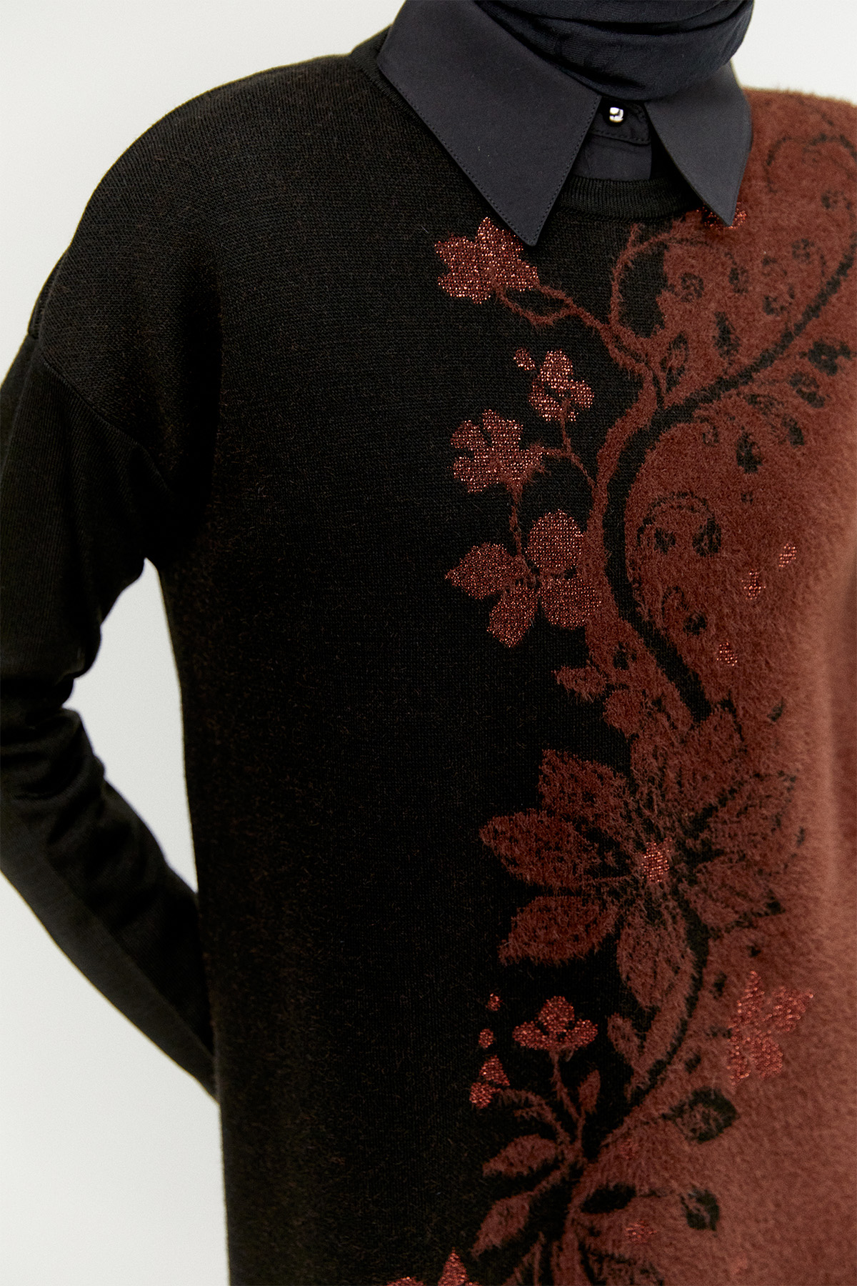 Simli Çiçek Motifli Triko Tunik, Tesettür Giyim