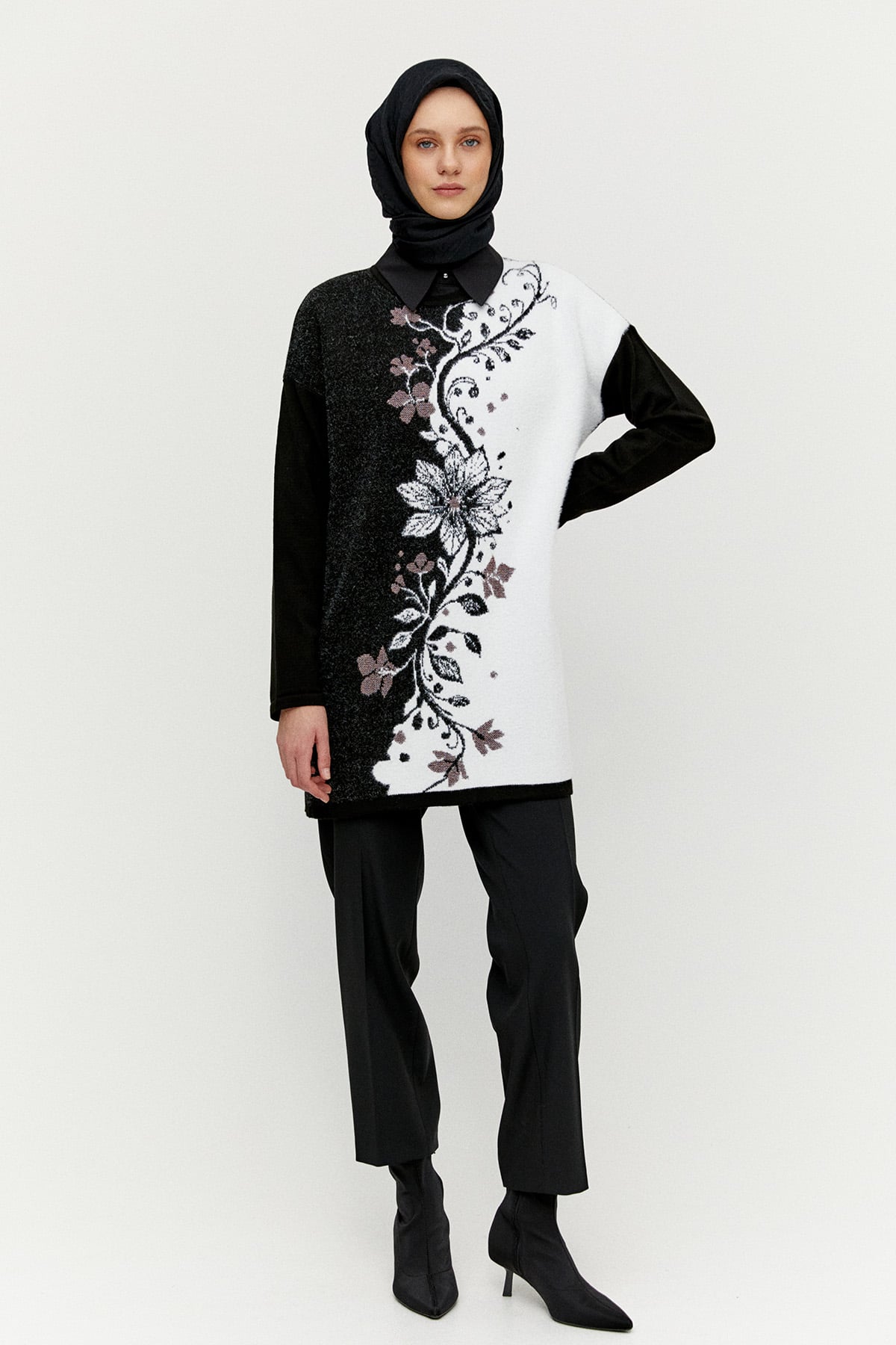 Simli Çiçek Motifli Triko Tunik, Tesettür Giyim