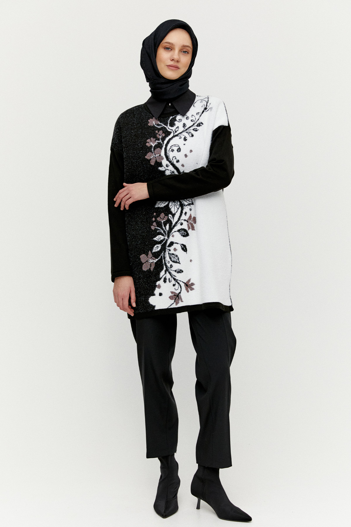 Simli Çiçek Motifli Triko Tunik, Tesettür Giyim