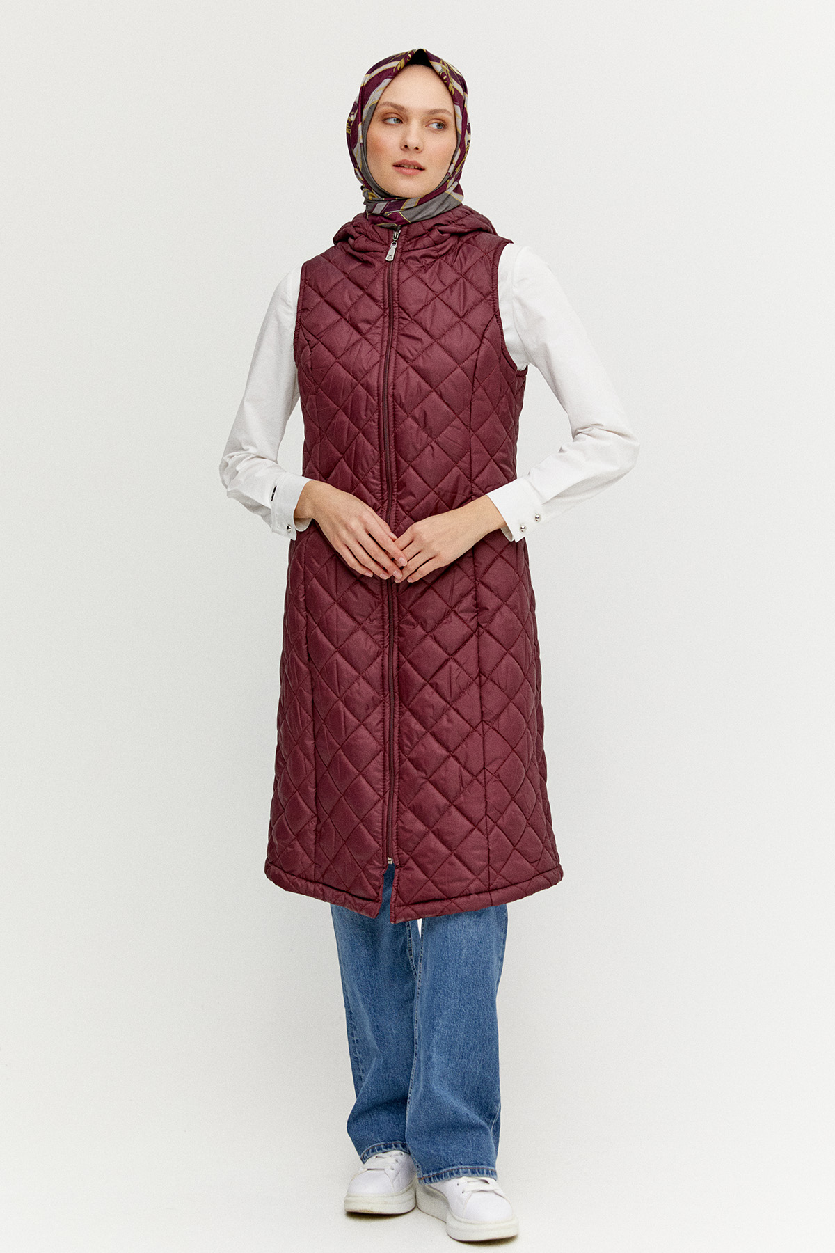 Kapüşonlu Baklava Desenli Kapitone Yelek, Tesettür Giyim