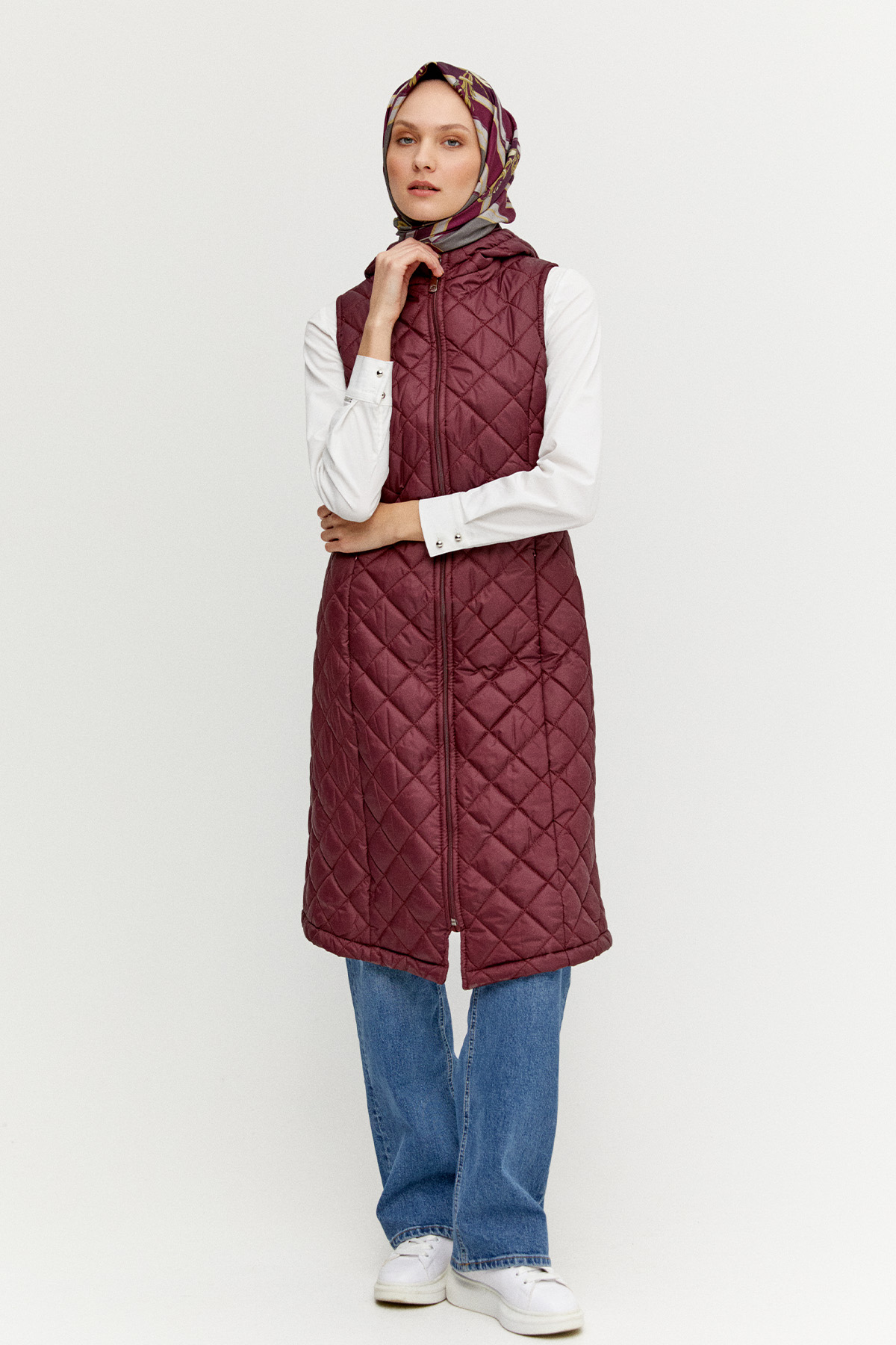 Kapüşonlu Baklava Desenli Kapitone Yelek, Tesettür Giyim